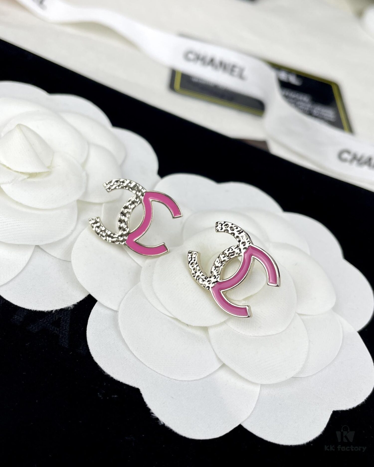 CHANE New 24C Pink Enamel Half-Gold Half-Pink Letter C Stud Earrings