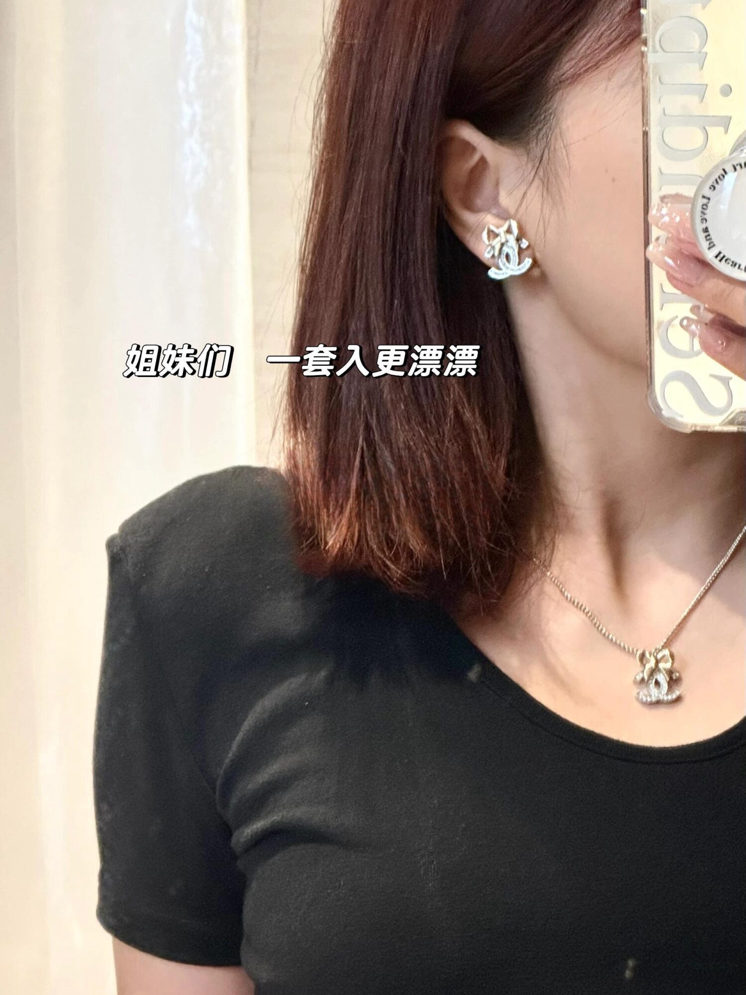 Xiaoxiang New Arrival Light Gold Bow Silver Two-Tone Full Diamond Necklace