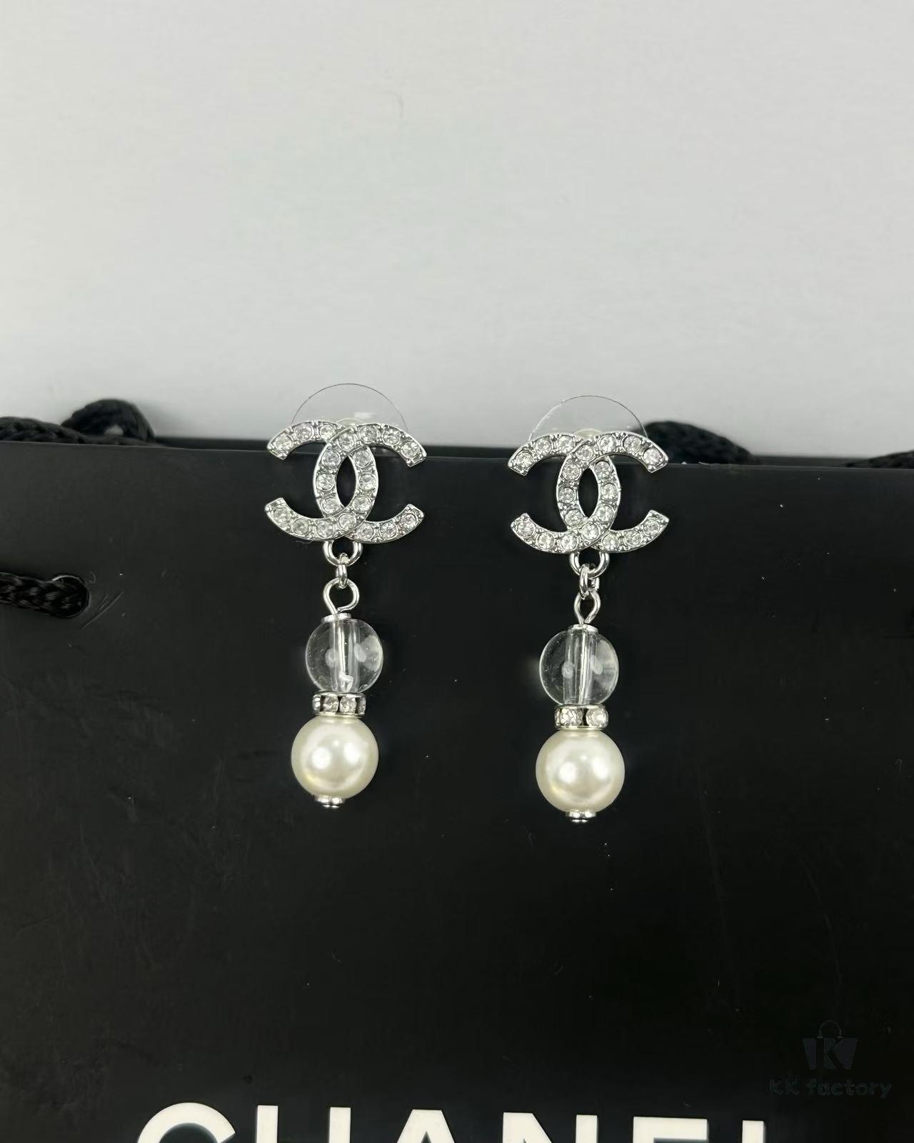 Xiao Xiang New Arrival Silver Double C Full Diamond Transparent Pearl Pendant Earrings