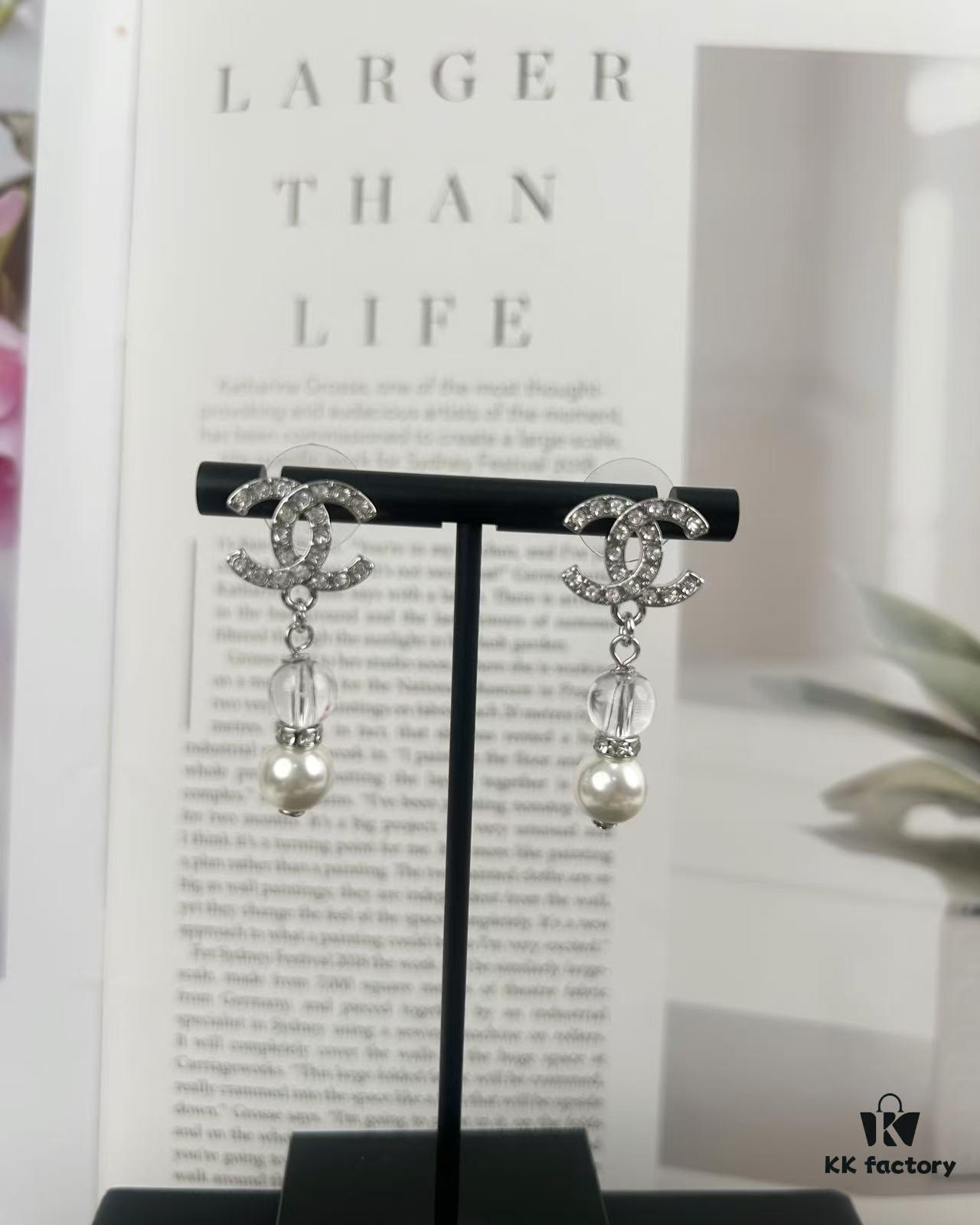 Xiao Xiang New Arrival Silver Double C Full Diamond Transparent Pearl Pendant Earrings