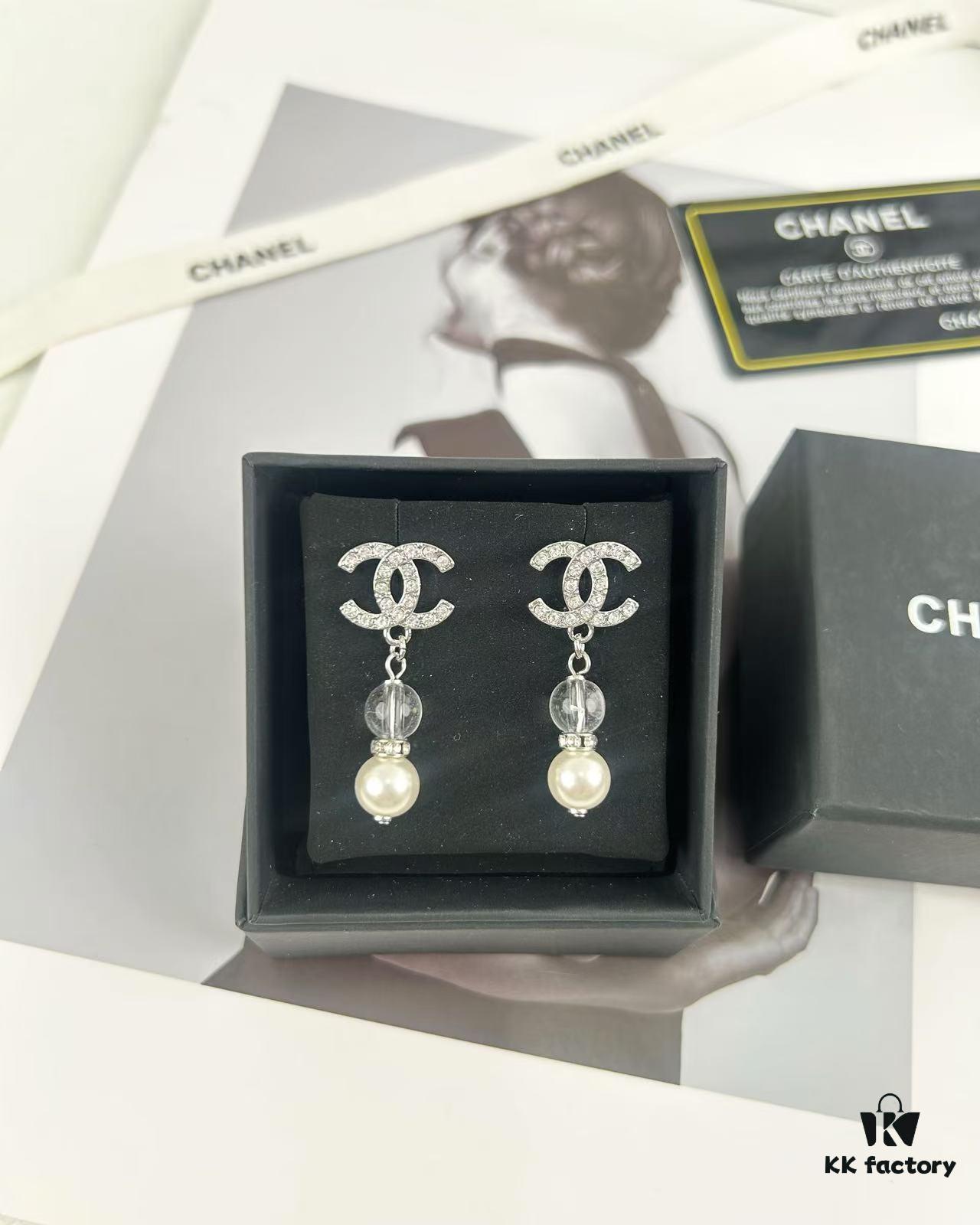 Xiao Xiang New Arrival Silver Double C Full Diamond Transparent Pearl Pendant Earrings