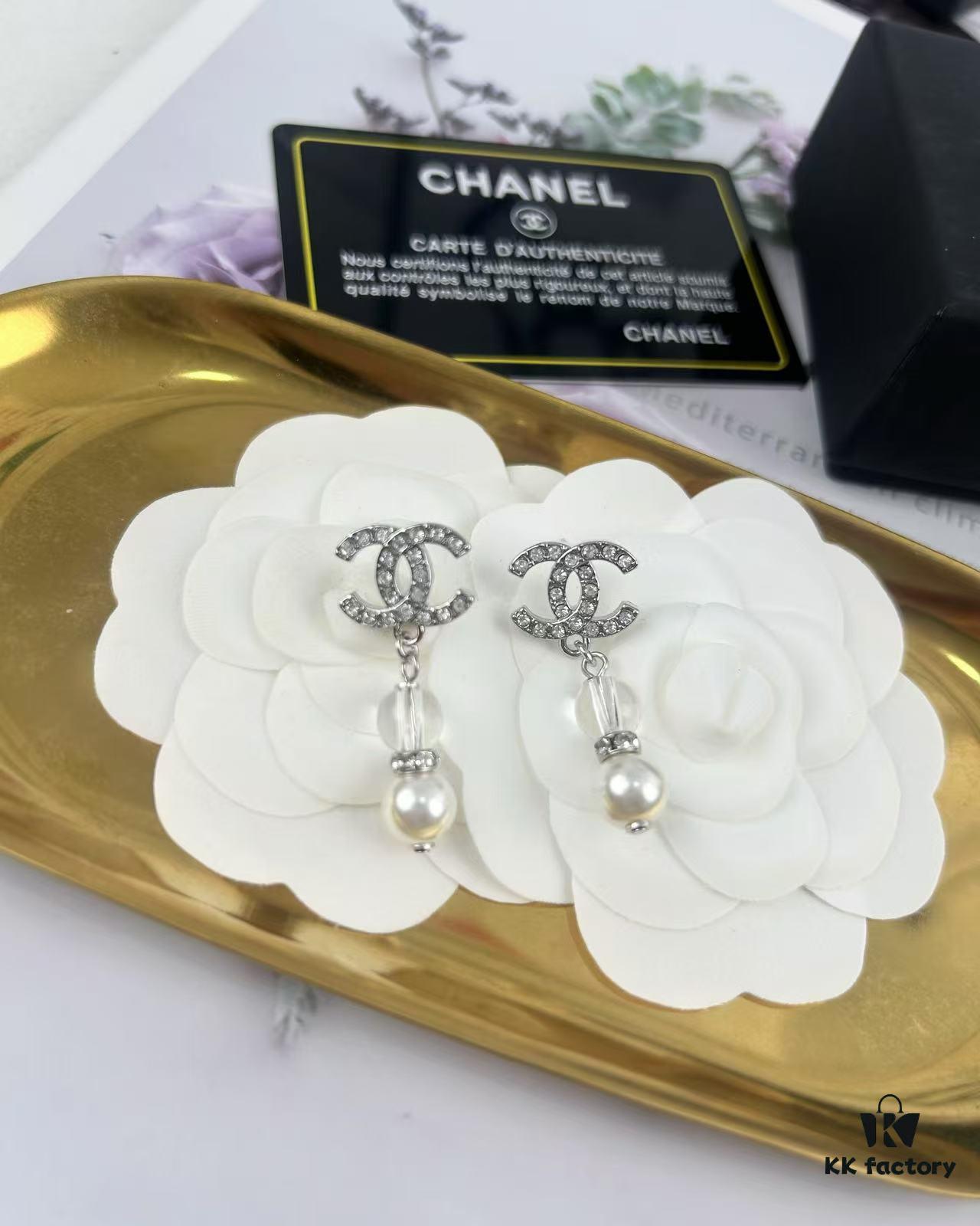 Xiao Xiang New Arrival Silver Double C Full Diamond Transparent Pearl Pendant Earrings