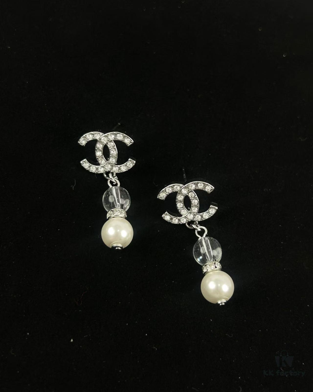 Xiao Xiang New Arrival Silver Double C Full Diamond Transparent Pearl Pendant Earrings