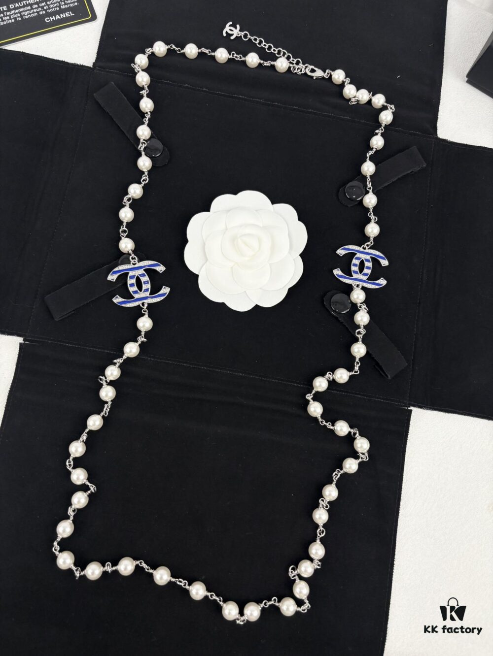 Chanel New Arrival Blue Enamel C Diamond Letter Pearl Fashion Necklace Sweater Chain