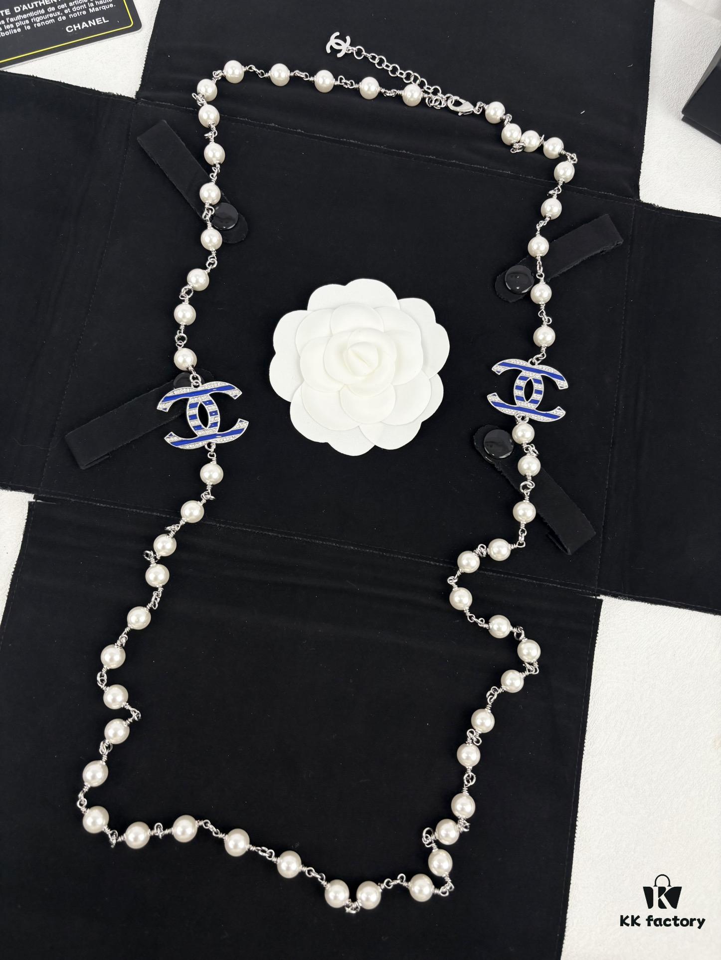 Chanel New Arrival Blue Enamel C Diamond Letter Pearl Fashion Necklace Sweater Chain