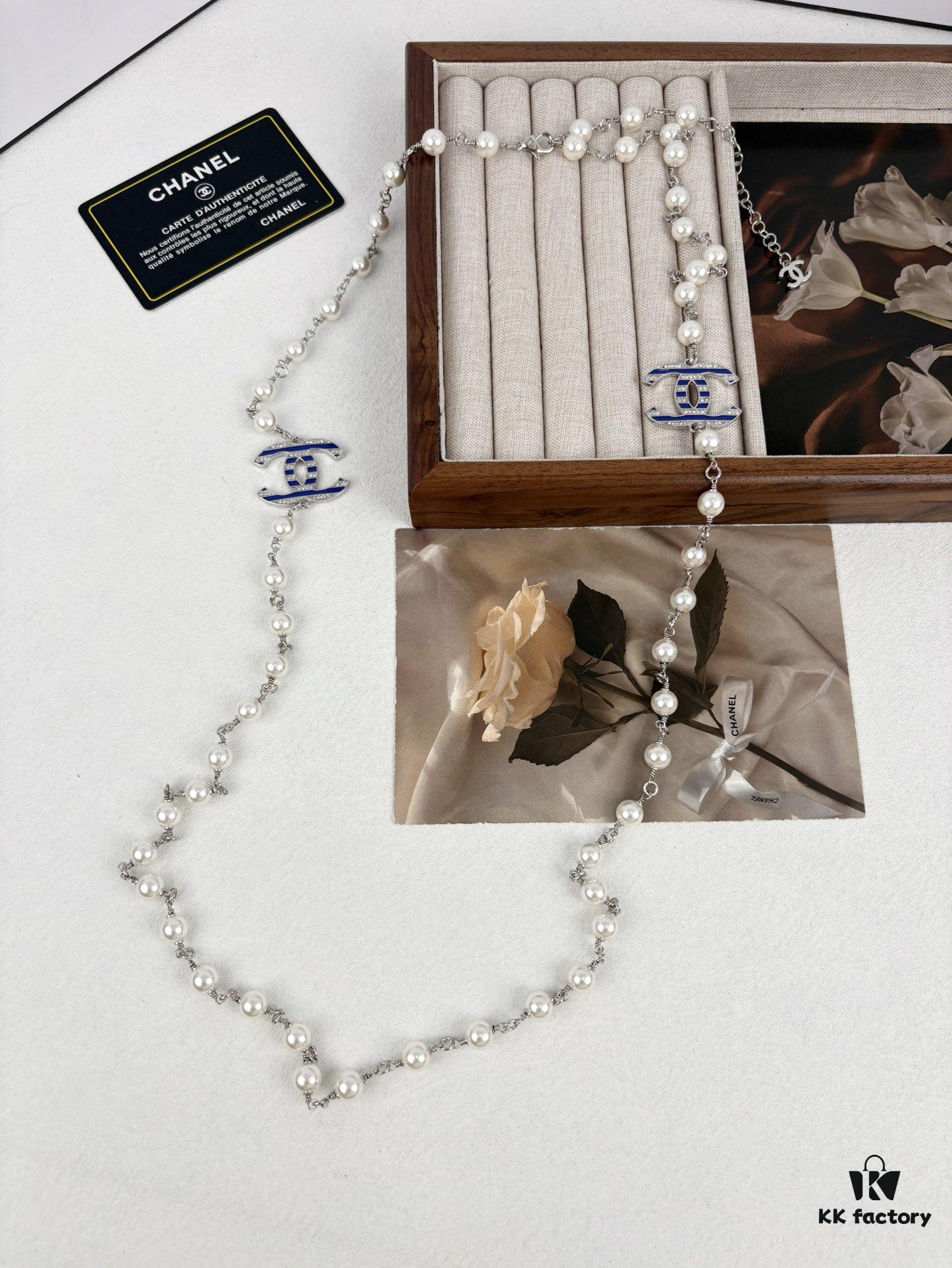 Chanel New Arrival Blue Enamel C Diamond Letter Pearl Fashion Necklace Sweater Chain
