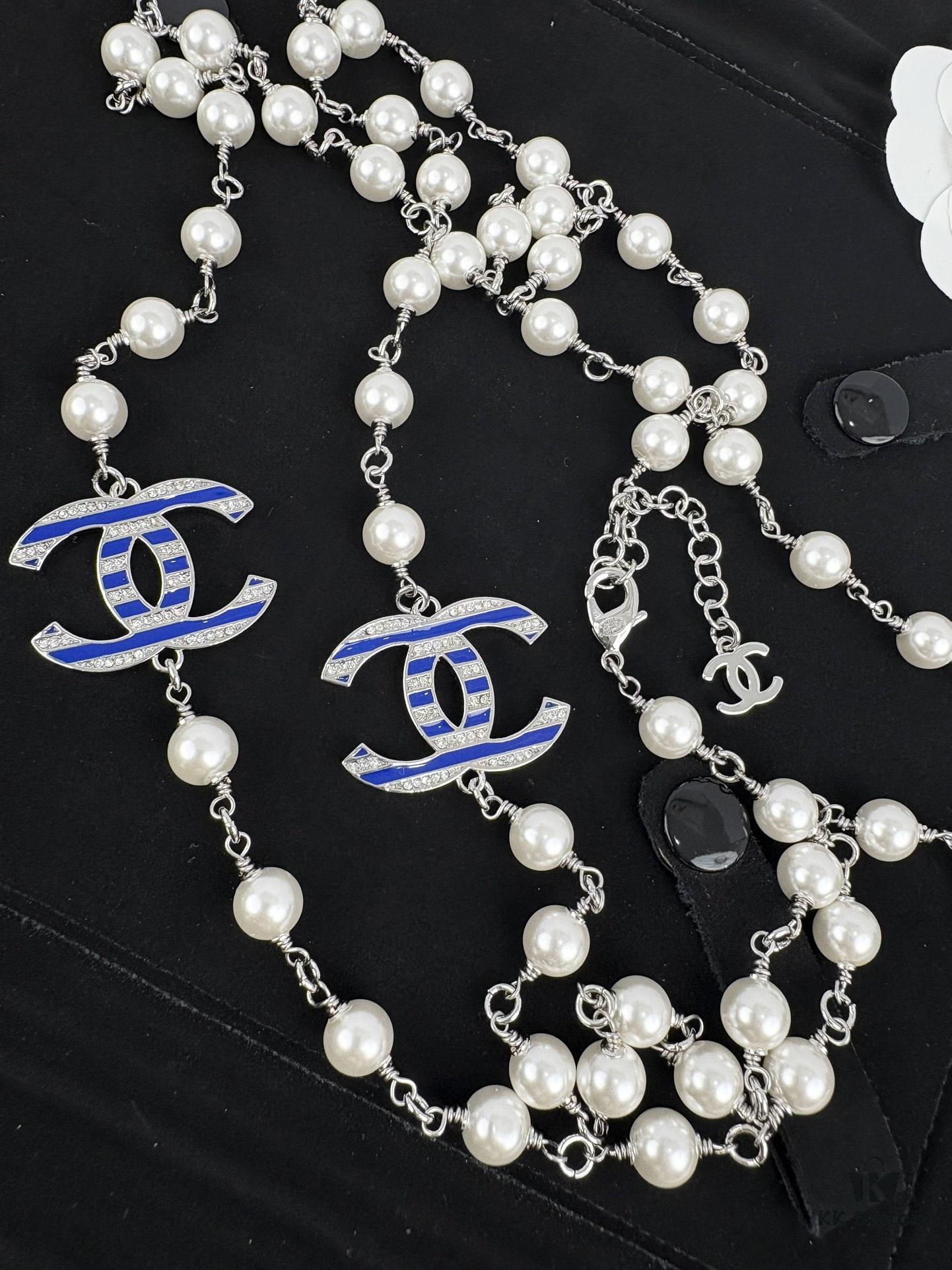 Chanel New Arrival Blue Enamel C Diamond Letter Pearl Fashion Necklace Sweater Chain