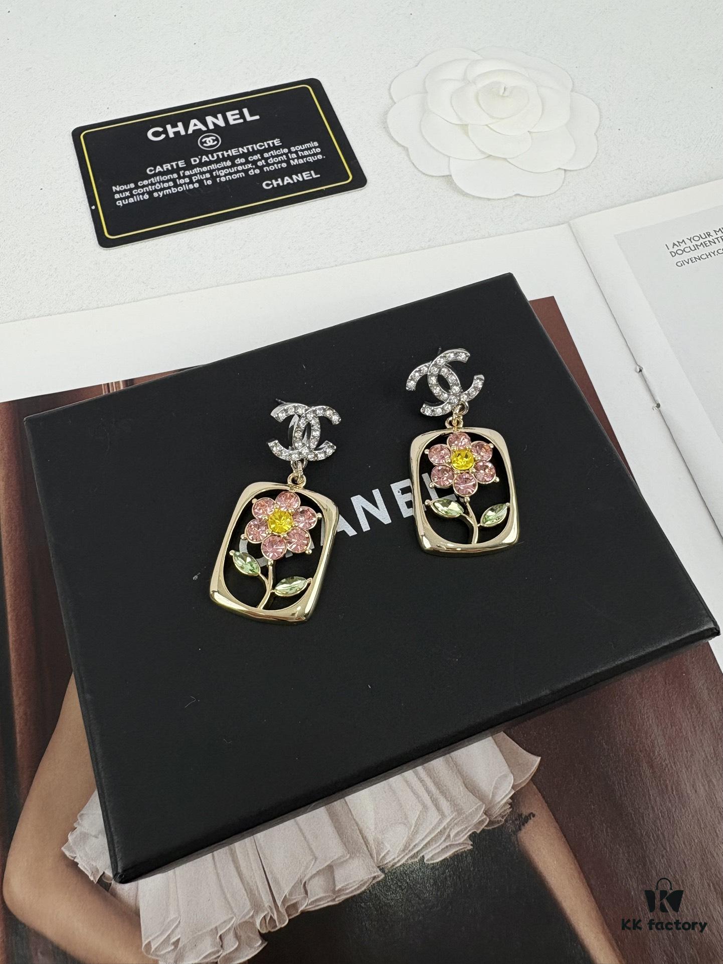 Xiaoxiang New Rectangular Picture Frame Surrounding Flower Colorful Rhinestone Hollow Pendant Earrings