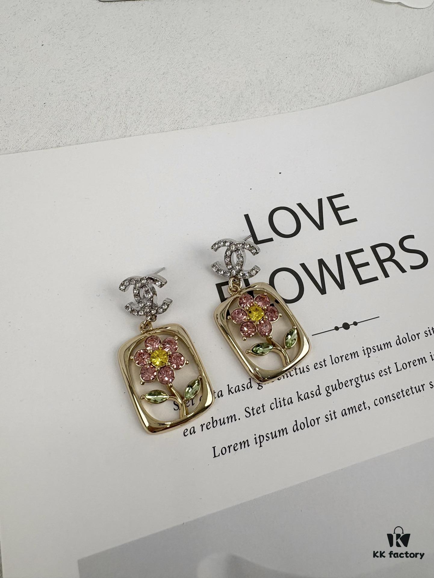 Xiaoxiang New Rectangular Picture Frame Surrounding Flower Colorful Rhinestone Hollow Pendant Earrings