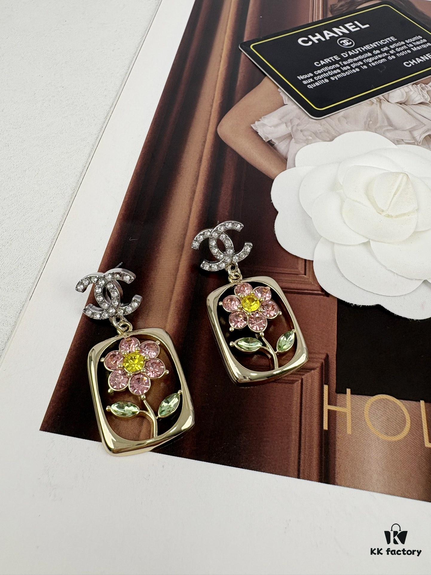 Xiaoxiang New Rectangular Picture Frame Surrounding Flower Colorful Rhinestone Hollow Pendant Earrings