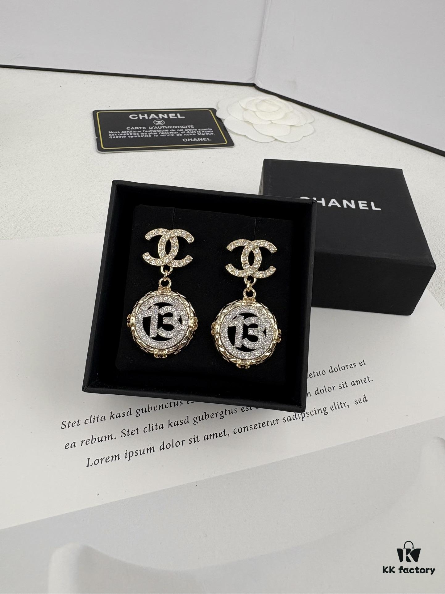 Xiaoxiang New Arrival Golden Diamond-Quilted Round Silver Number 13 Full Diamond Hollow Pendant Large Earrings