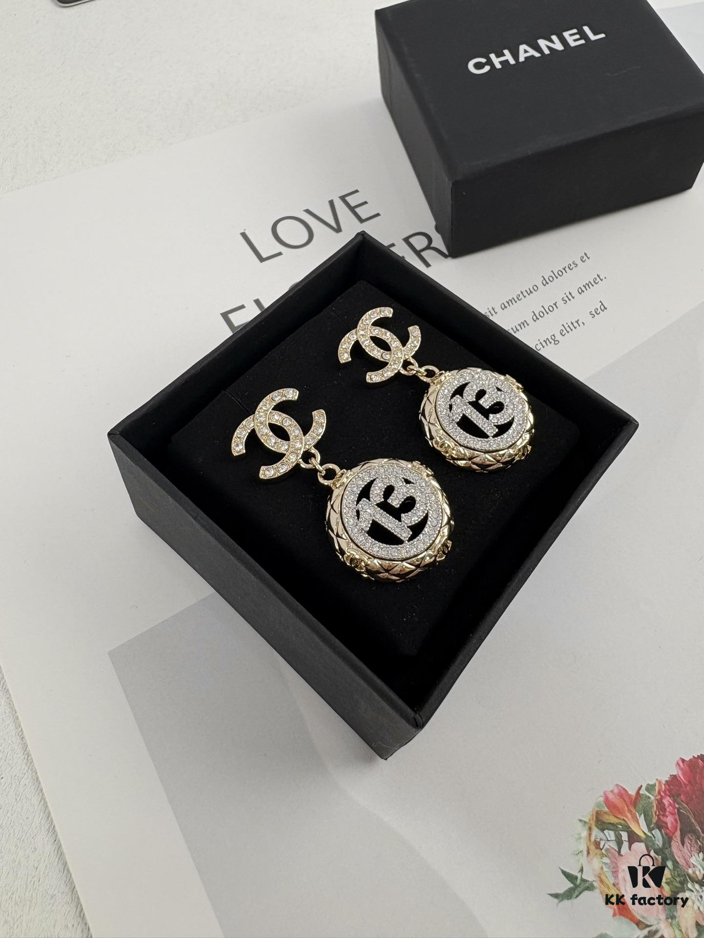 Xiaoxiang New Arrival Golden Diamond-Quilted Round Silver Number 13 Full Diamond Hollow Pendant Large Earrings