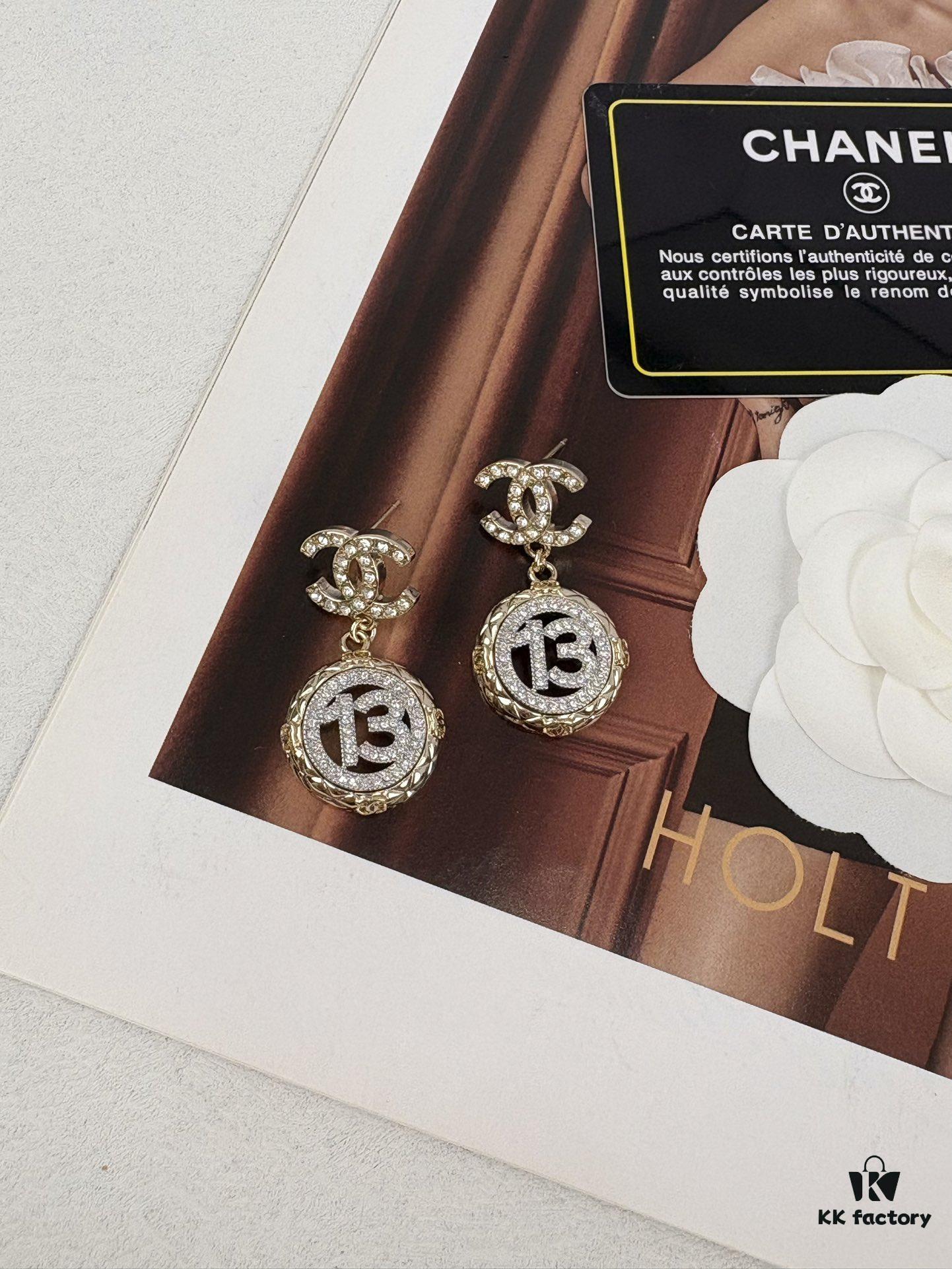 Xiaoxiang New Arrival Golden Diamond-Quilted Round Silver Number 13 Full Diamond Hollow Pendant Large Earrings