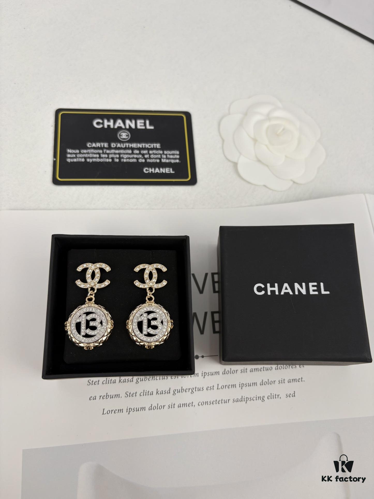 Xiaoxiang New Arrival Golden Diamond-Quilted Round Silver Number 13 Full Diamond Hollow Pendant Large Earrings