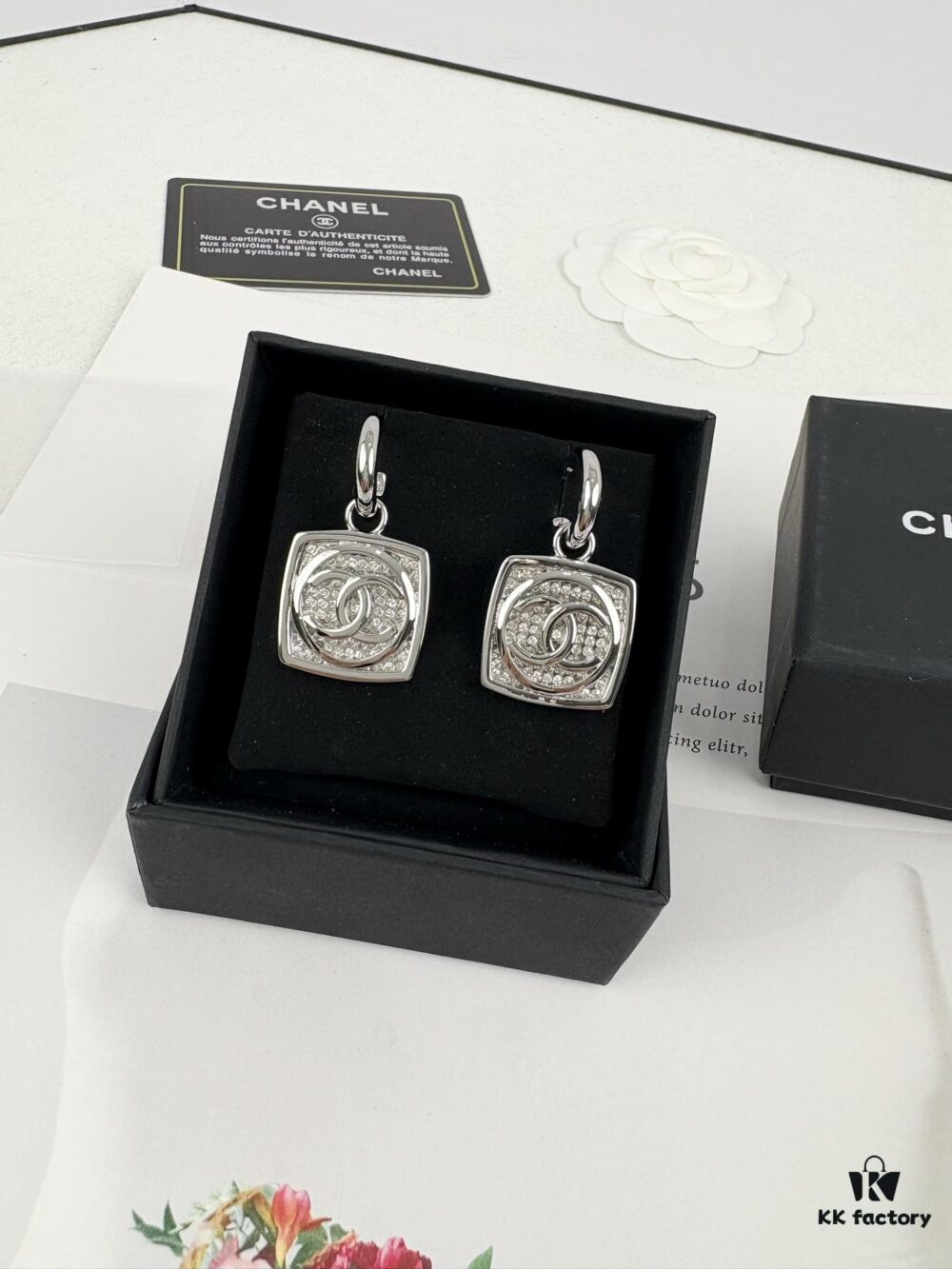 Chanel New Arrival Silver Square Diamond-Inlaid Pendant Hook Earrings