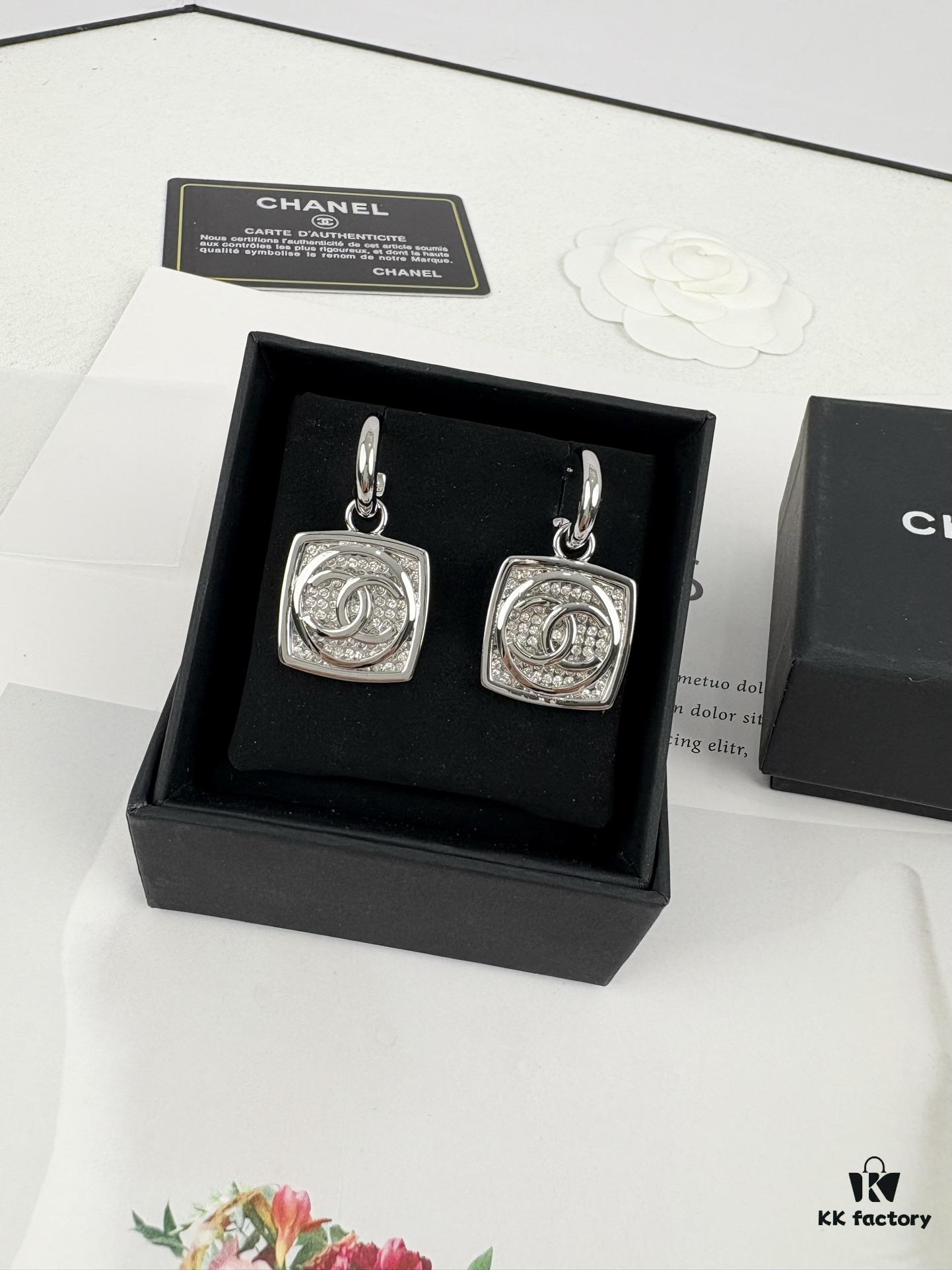 Chanel New Arrival Silver Square Diamond-Inlaid Pendant Hook Earrings