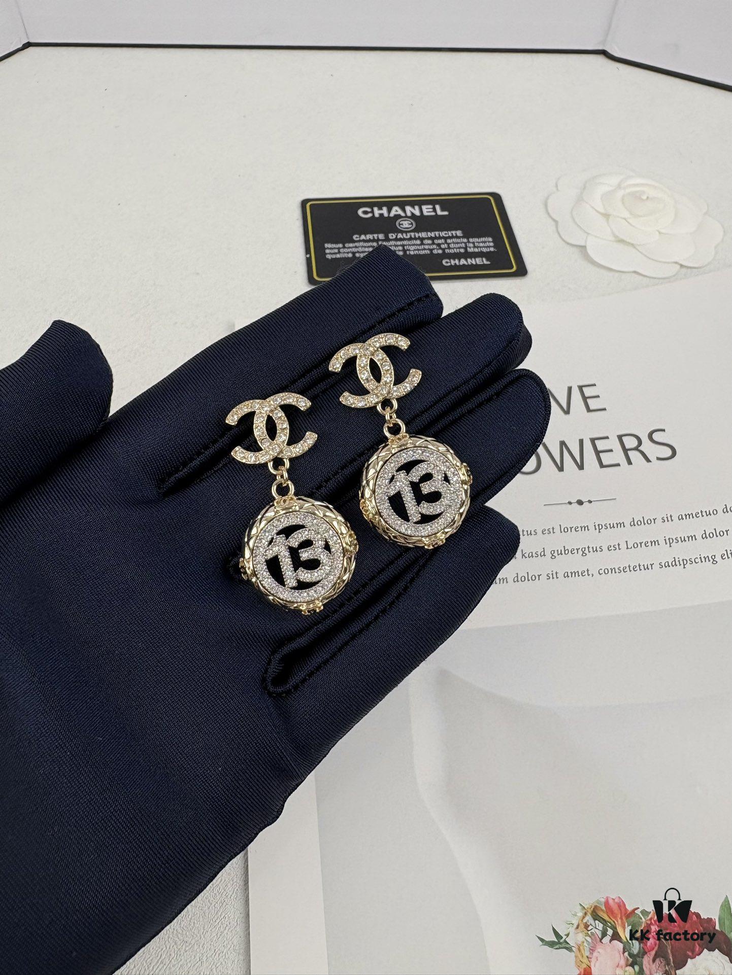 Xiaoxiang New Arrival Golden Diamond-Quilted Round Silver Number 13 Full Diamond Hollow Pendant Large Earrings