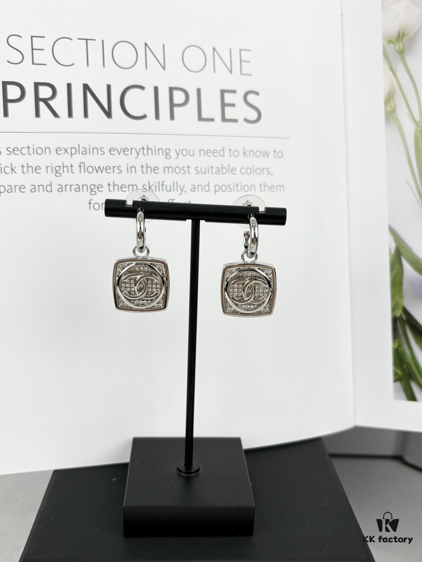 Chanel New Arrival Silver Square Diamond-Inlaid Pendant Hook Earrings