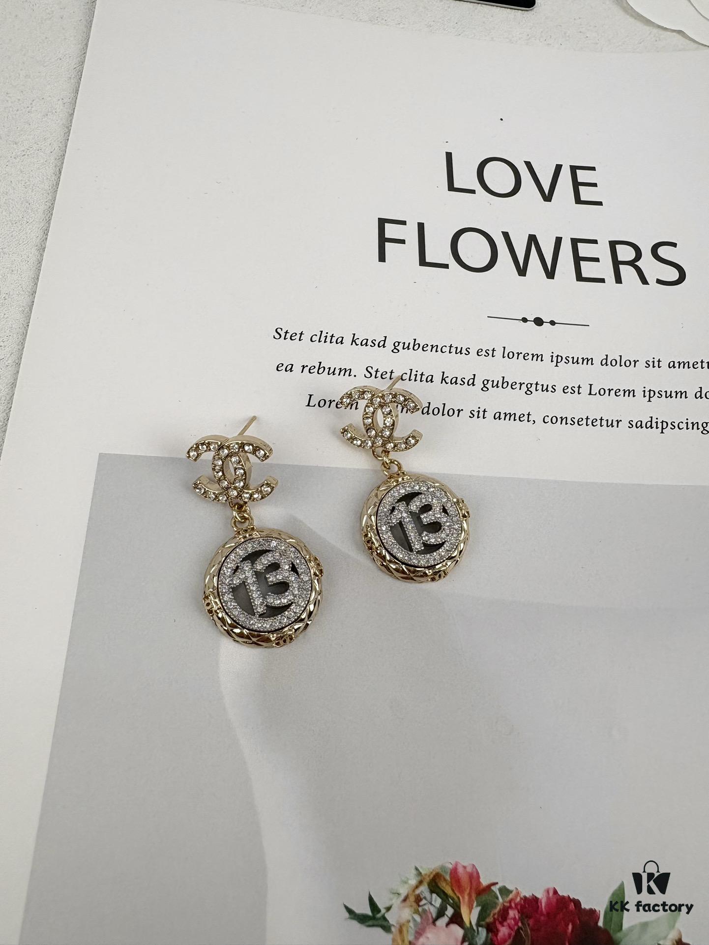 Xiaoxiang New Arrival Golden Diamond-Quilted Round Silver Number 13 Full Diamond Hollow Pendant Large Earrings