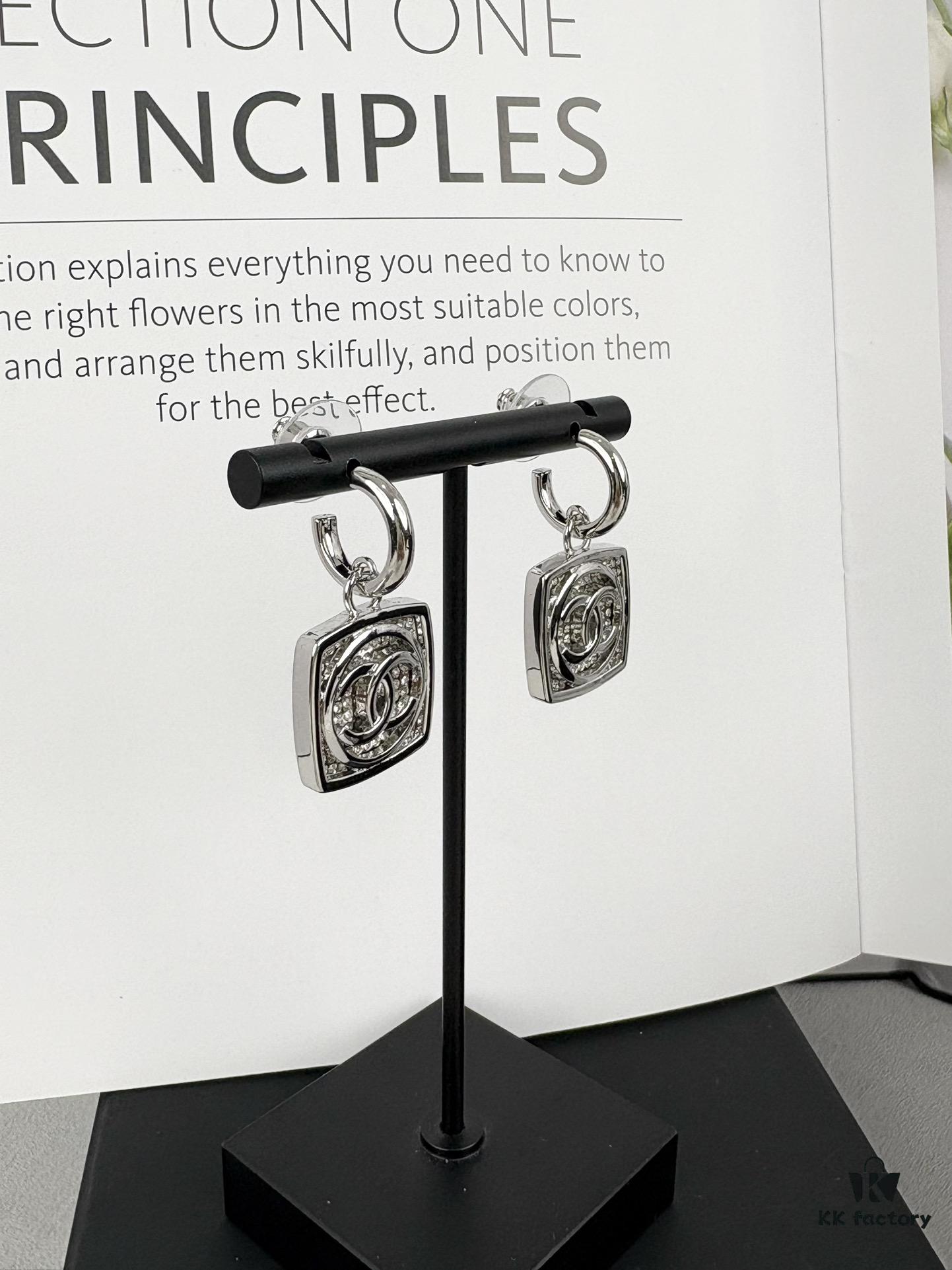 Chanel New Arrival Silver Square Diamond-Inlaid Pendant Hook Earrings
