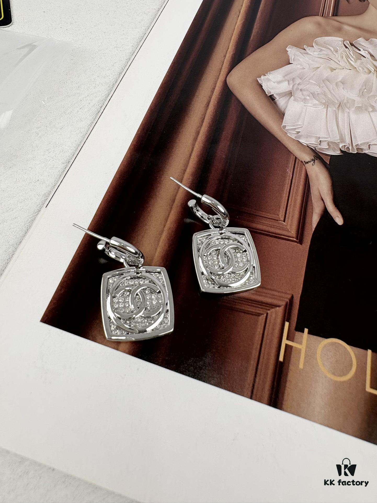 Chanel New Arrival Silver Square Diamond-Inlaid Pendant Hook Earrings