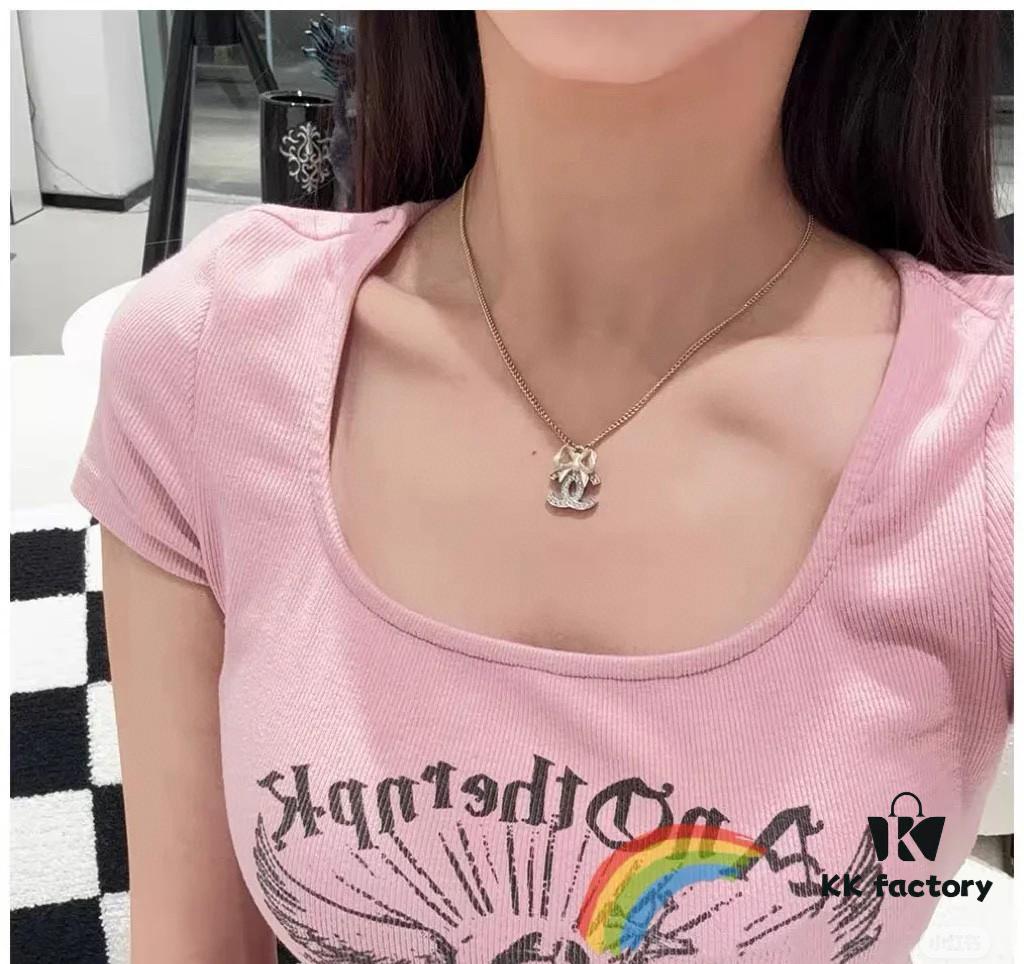 Xiaoxiang New Arrival Light Gold Bow Silver Two-Tone Fully Diamante Necklace Set