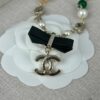 Xiaoxiang New Arrival Black Ribbon Bow with Green Pearl Pendant, Colorful Paved Diamond Necklace
