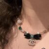 Xiaoxiang New Arrival Black Ribbon Bow with Green Pearl Pendant, Colorful Paved Diamond Necklace