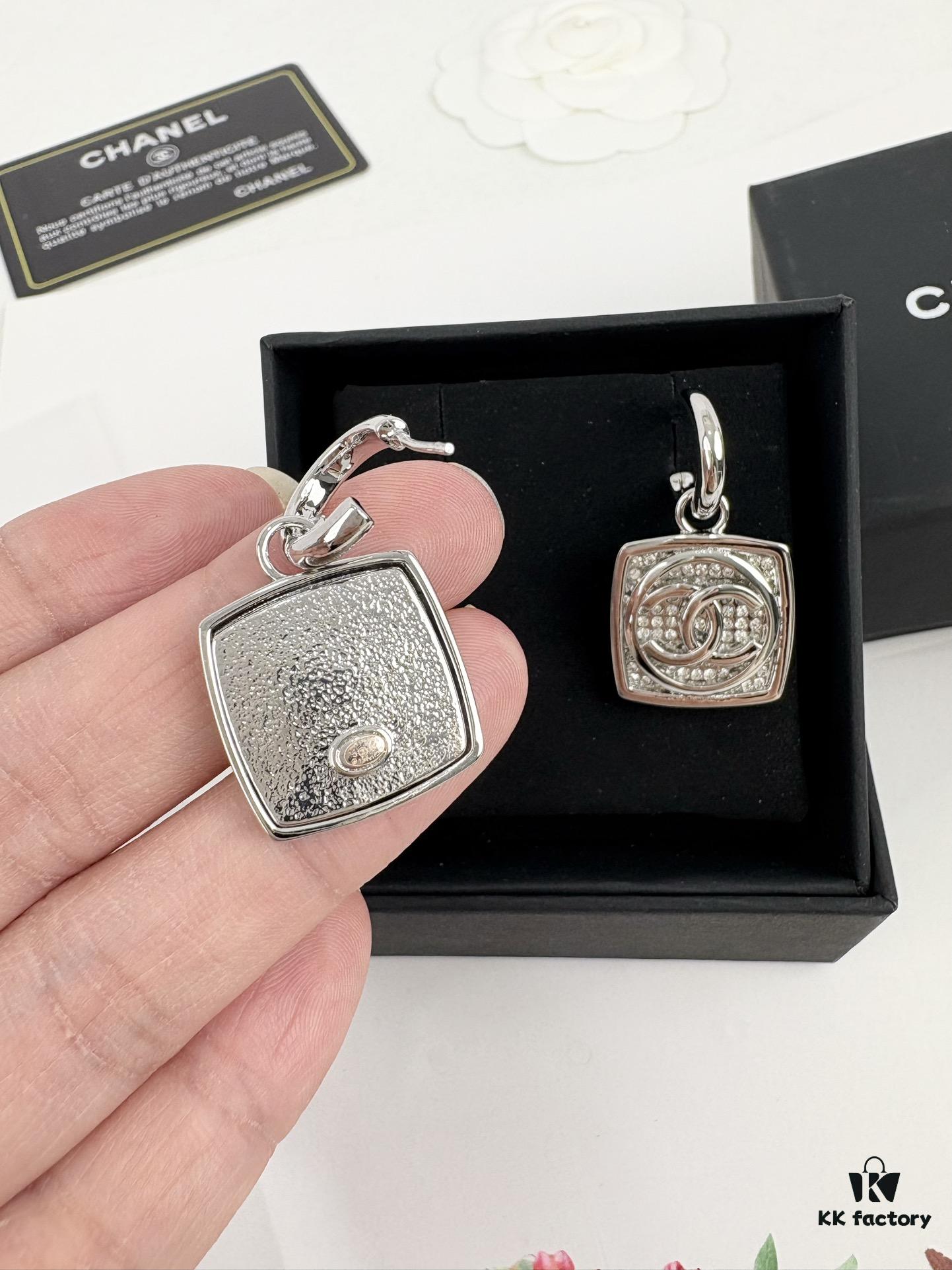 Chanel New Arrival Silver Square Diamond-Inlaid Pendant Hook Earrings