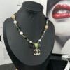 Xiaoxiang New Arrival Black Ribbon Bow with Green Pearl Pendant, Colorful Paved Diamond Necklace
