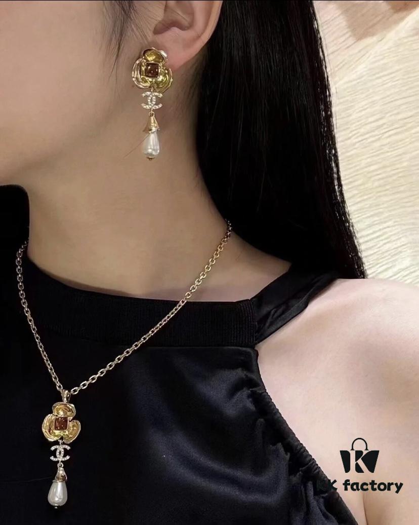 Chanel New Arrival Red Zircon-Inlaid Camellia Drop Earrings