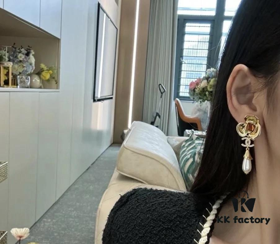 Chanel New Arrival Red Zircon-Inlaid Camellia Drop Earrings