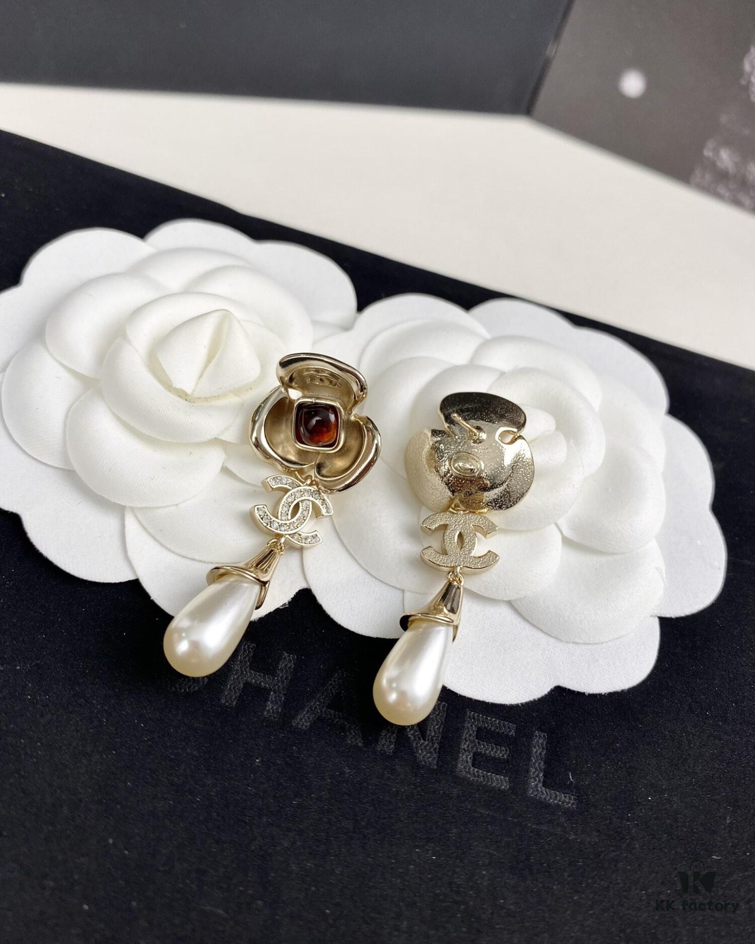 Chanel New Arrival Red Zircon-Inlaid Camellia Drop Earrings