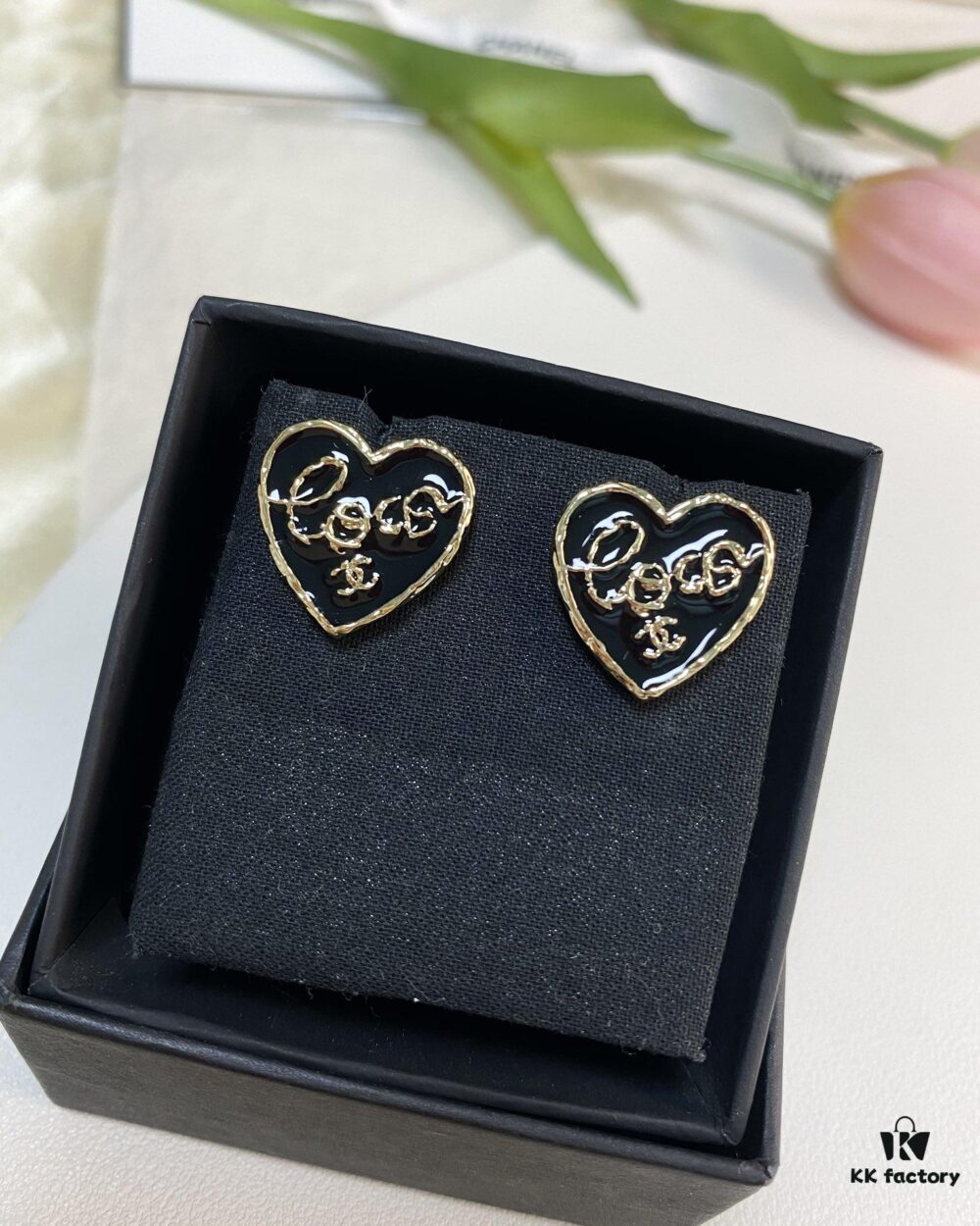 Chanel New Arrival Black Enamel Heart Earrings