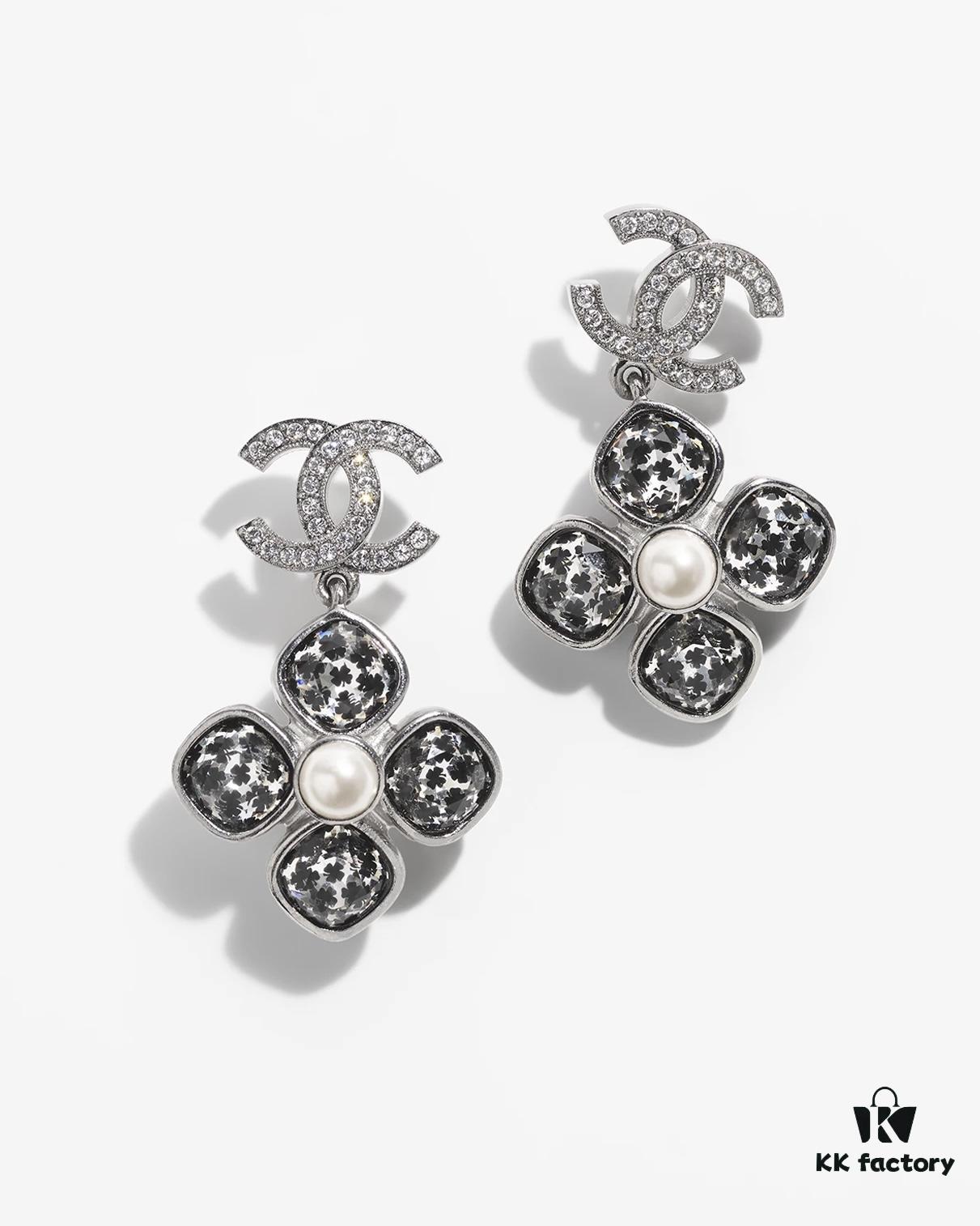 Xiaoxiang New Model Four-Leaf Clover Zircon Diamond-Inlaid Double C Pendant Earrings