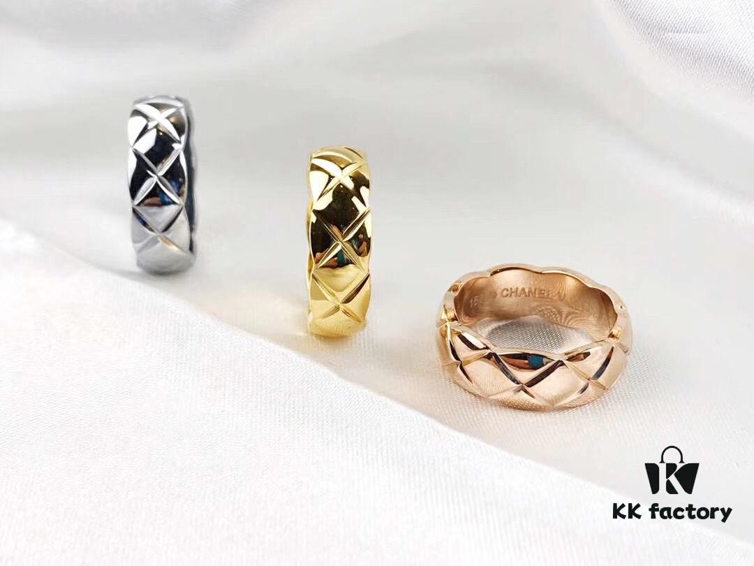 Chanel Coco Crush Series Quilted Pattern Ring, S925 Sterling Silver Heavy Craft, Available in White Gold, Rose Gold, and Yellow Gold Finish