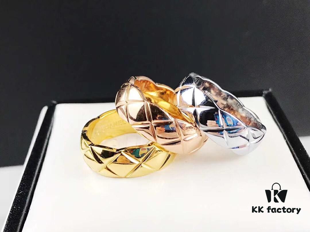 Chanel Coco Crush Series Quilted Pattern Ring, S925 Sterling Silver Heavy Craft, Available in White Gold, Rose Gold, and Yellow Gold Finish
