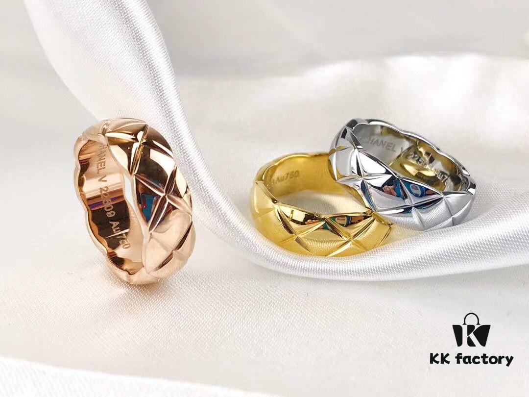 Chanel Coco Crush Series Quilted Pattern Ring, S925 Sterling Silver Heavy Craft, Available in White Gold, Rose Gold, and Yellow Gold Finish