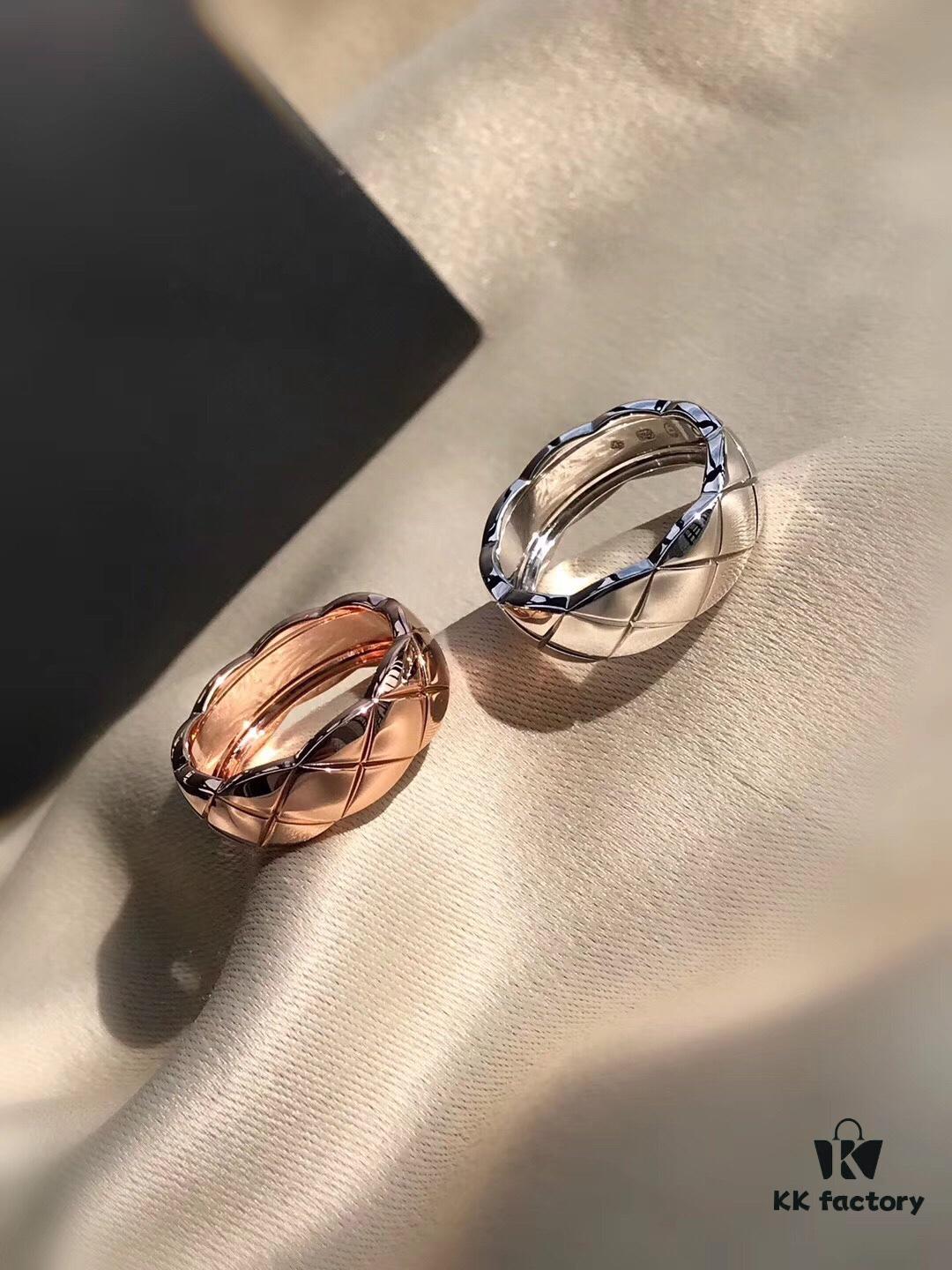 Chanel Coco Crush Series Quilted Pattern Ring, S925 Sterling Silver Heavy Craft, Available in White Gold and Rose Gold Finish