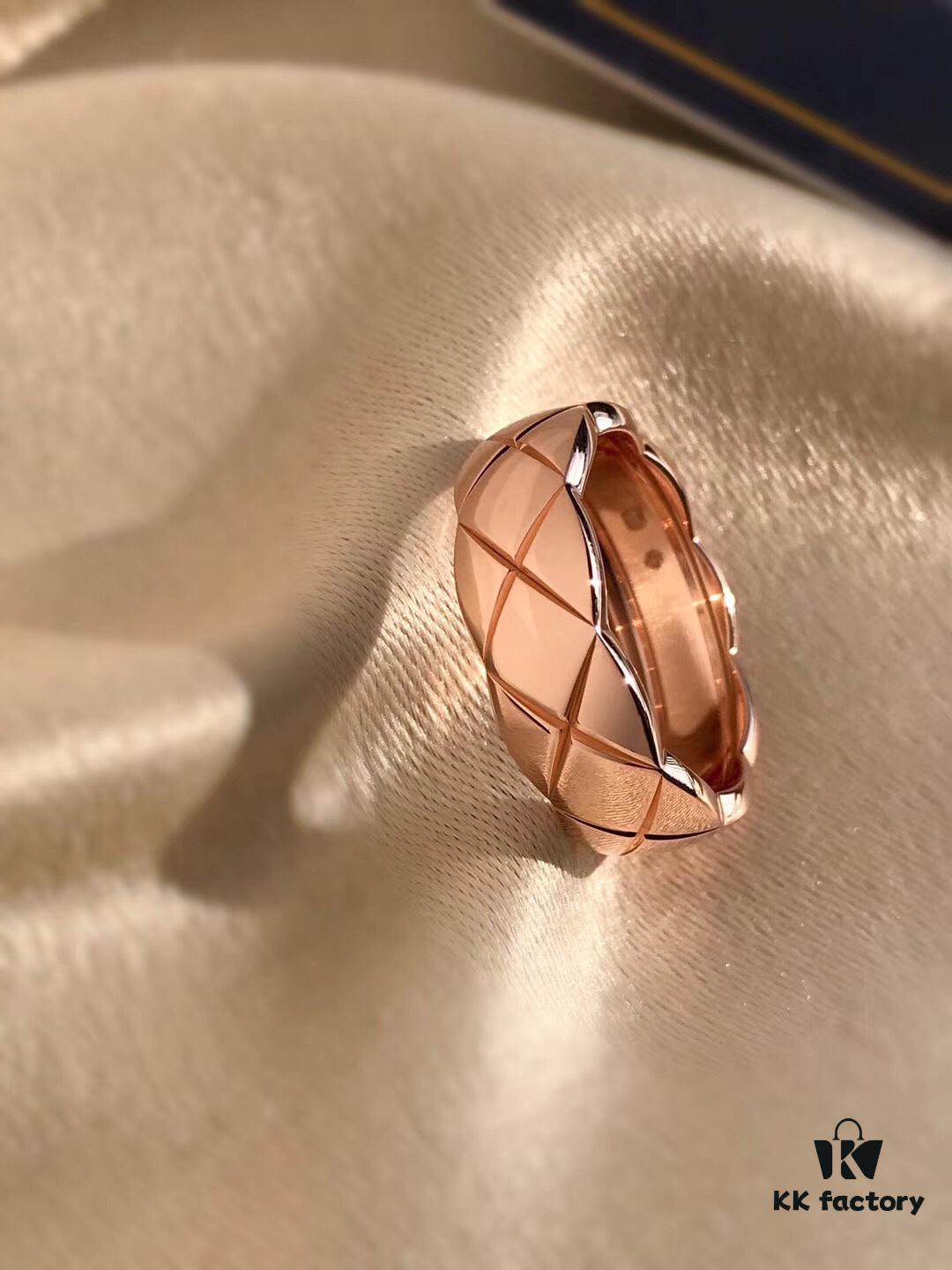 Chanel Coco Crush Series Quilted Pattern Ring, S925 Sterling Silver Heavy Craft, Available in White Gold and Rose Gold Finish