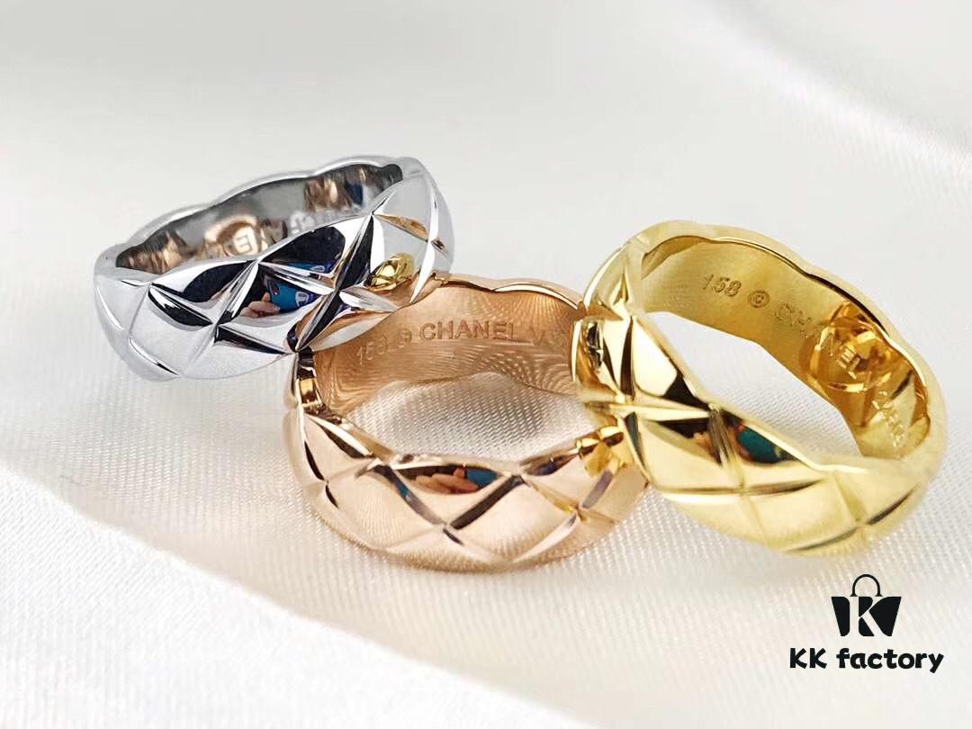 Chanel Coco Crush Series Quilted Pattern Ring, S925 Sterling Silver Heavy Craft, Available in White Gold, Rose Gold, and Yellow Gold Finish