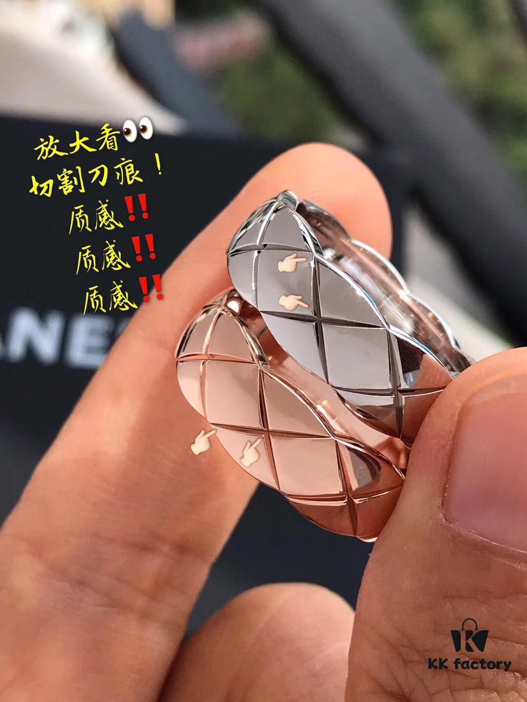 Chanel Coco Crush Series Quilted Pattern Ring, S925 Sterling Silver Heavy Craft, Available in White Gold and Rose Gold Finish