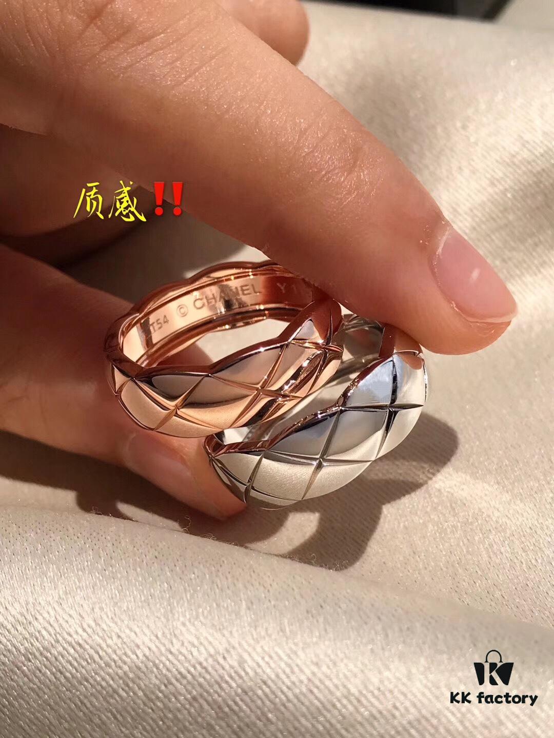 Chanel Coco Crush Series Quilted Pattern Ring, S925 Sterling Silver Heavy Craft, Available in White Gold and Rose Gold Finish