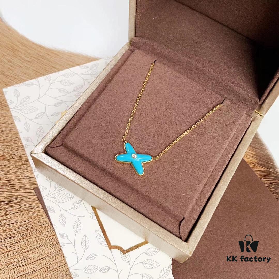 CHAUMET PARIS Liens 'Forever Linked' Pendant Necklace – Symbol of Love and Connection, Crafted in 18K Gold-Plated 925 Silver with Mother-of-Pearl, Turquoise, Lapis Lazuli, Featuring Openwork Cross Design Set with Sparkling Zirconia, Adjustable Chain Length 42cm