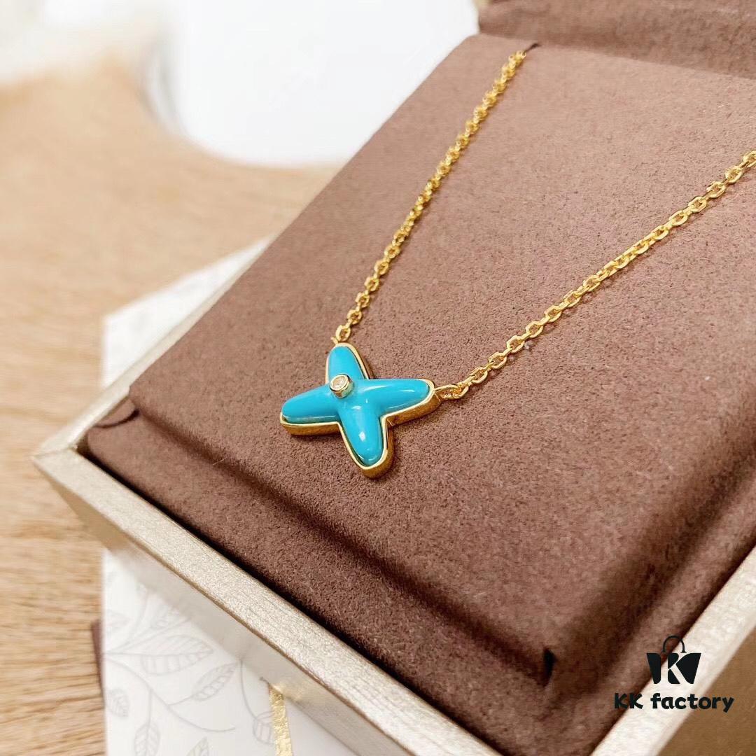 CHAUMET PARIS Liens 'Forever Linked' Pendant Necklace – Symbol of Love and Connection, Crafted in 18K Gold-Plated 925 Silver with Mother-of-Pearl, Turquoise, Lapis Lazuli, Featuring Openwork Cross Design Set with Sparkling Zirconia, Adjustable Chain Length 42cm