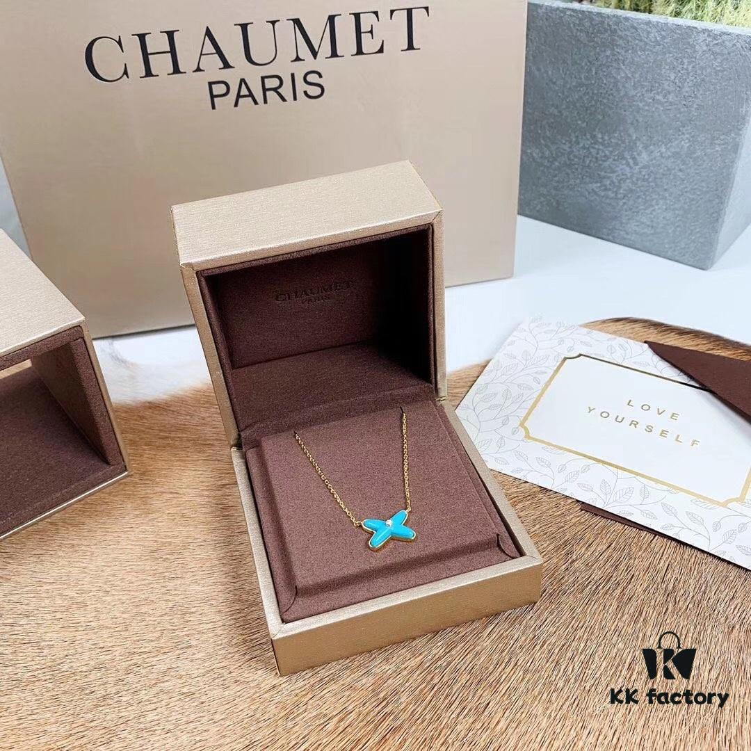 CHAUMET PARIS Liens 'Forever Linked' Pendant Necklace – Symbol of Love and Connection, Crafted in 18K Gold-Plated 925 Silver with Mother-of-Pearl, Turquoise, Lapis Lazuli, Featuring Openwork Cross Design Set with Sparkling Zirconia, Adjustable Chain Length 42cm