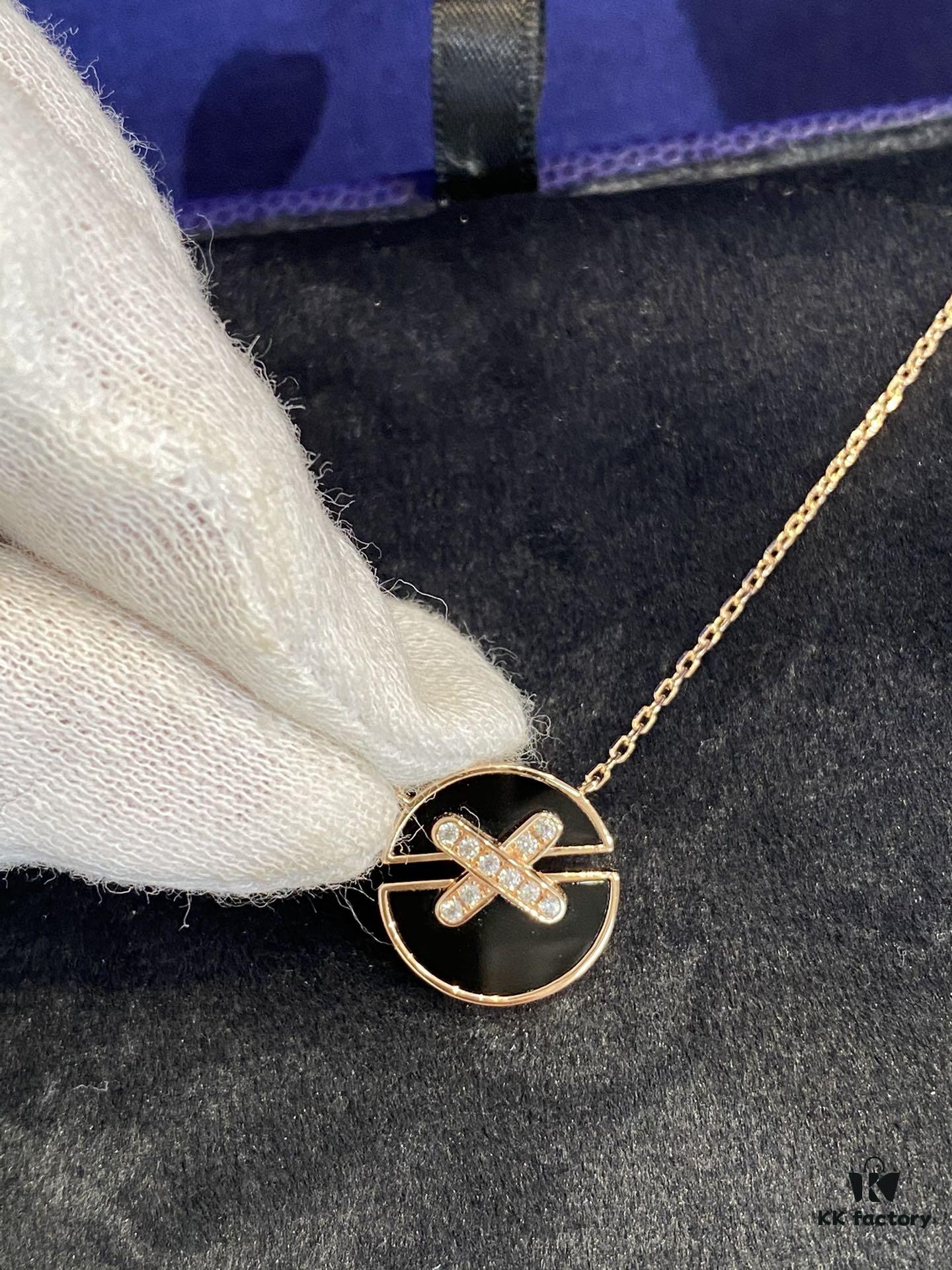 New Black Color, Natural Black Onyx - SAMMY PARIS 'Yuan Yuan' Necklace, Small Crossed Circle Pendant, Symbolizing Perfect Union and Fulfilled Wishes