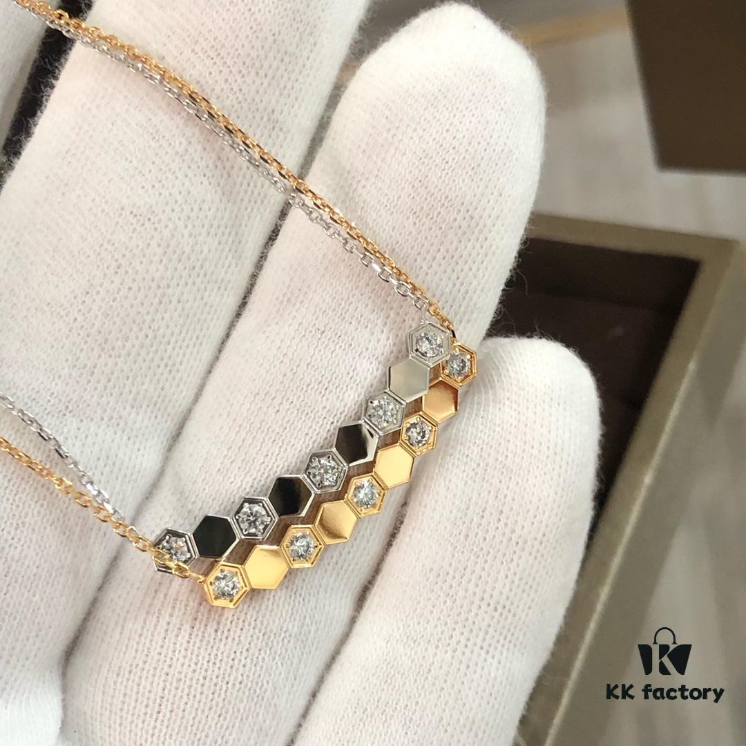 CH@UMET Honeycomb Diamond-Cut Necklace, Dual-Finish Design, CNC Precision Carved with Full Hand-Set Stones, Double-Sided Wearable V-Gold Plated Jewelry in Silver and Rose Gold, 39-43cm Length