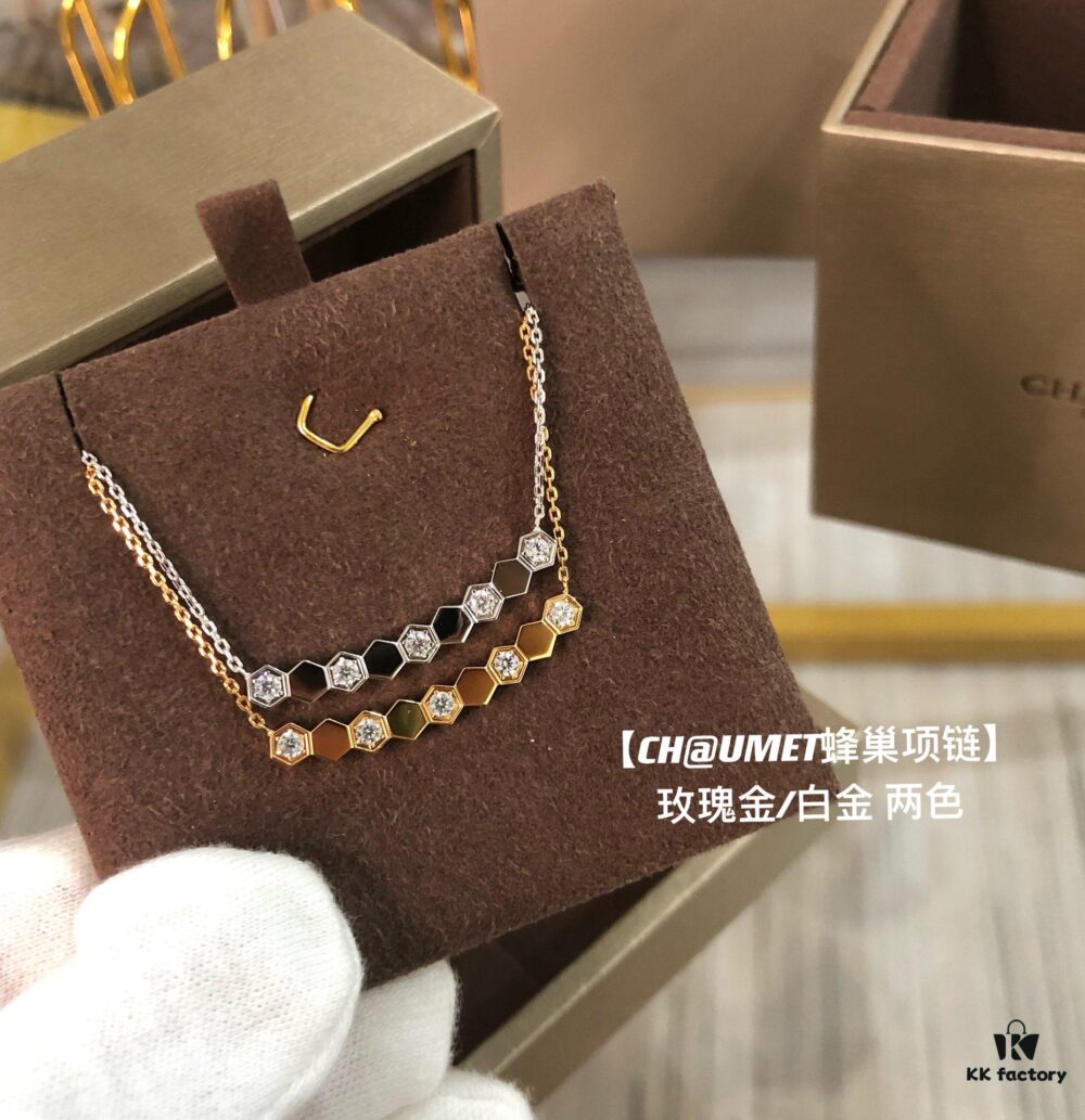 CH@UMET Honeycomb Diamond-Cut Necklace, Dual-Finish Design, CNC Precision Carved with Full Hand-Set Stones, Double-Sided Wearable V-Gold Plated Jewelry in Silver and Rose Gold, 39-43cm Length