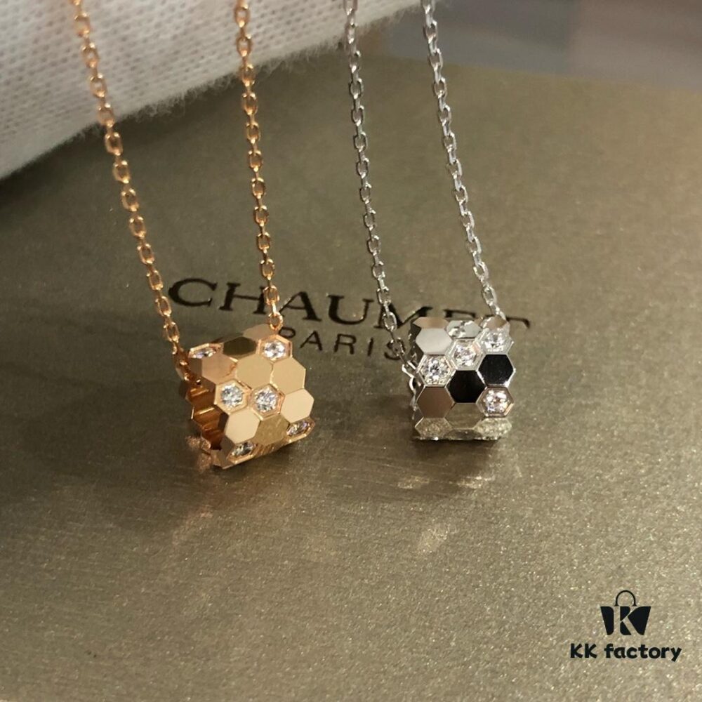 CHAUMET Honeycomb Half-Diamond Small Cylinder Necklace, Two Tones, Double-Sided Wearing, V-Gold Material